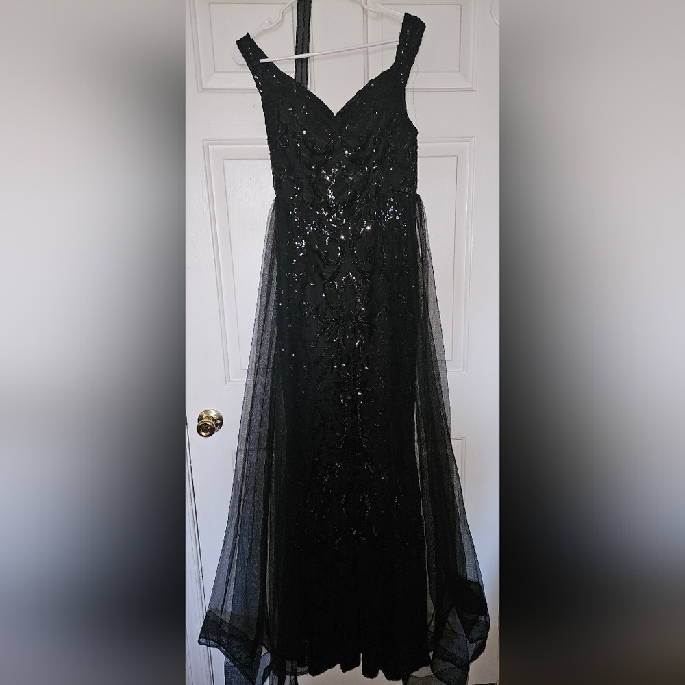Elegant Black Sequin Gown with Sheer Overlay